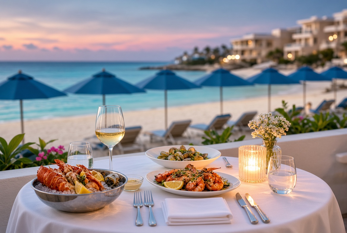 Beachside dinner at dusk on Grace Bay