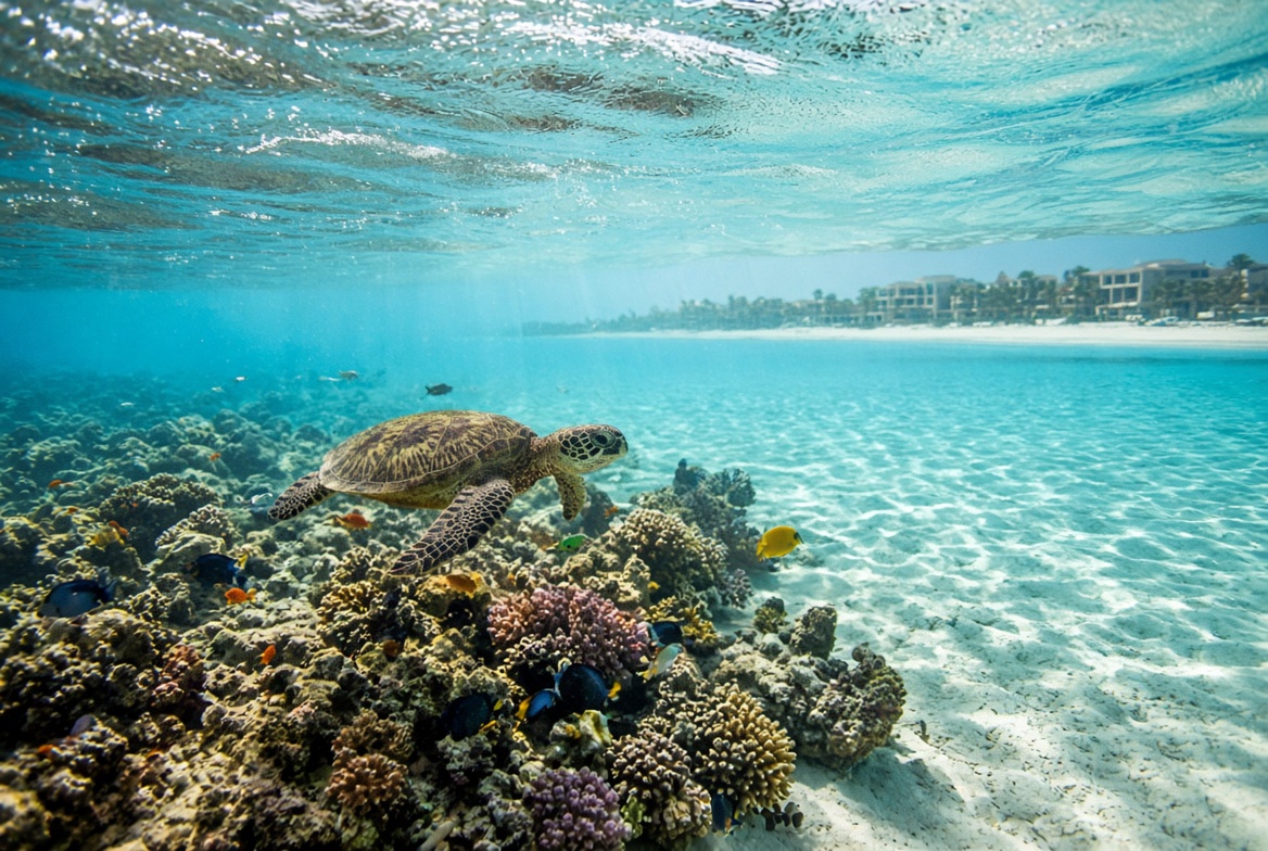 Sea turtle over coral with the beach behind