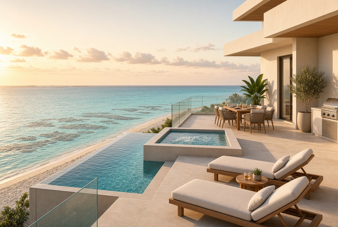 Rooftop Skypool villa terrace at golden hour
