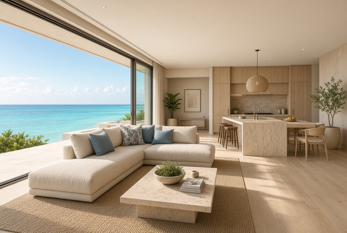 Open living room and kitchen facing Grace Bay
