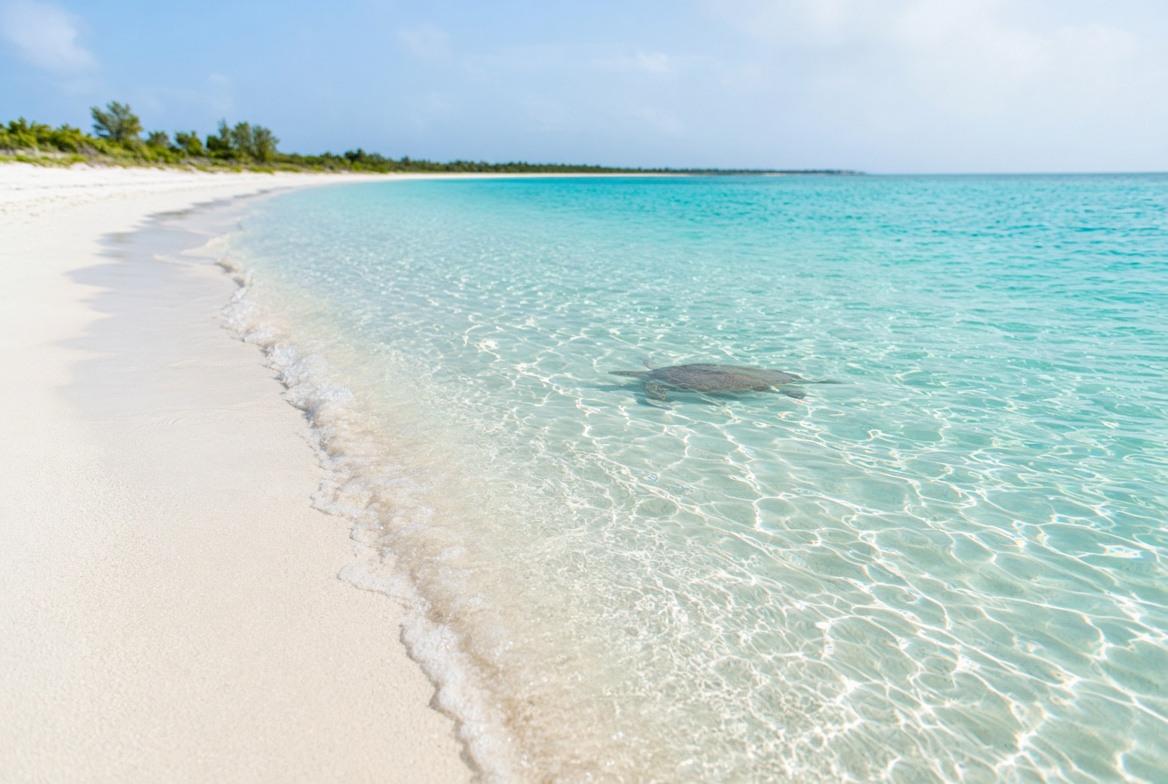 Turtle in clear shallows along white sand
